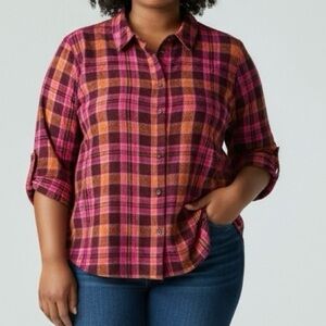 Women's 14/16 Plus Soft Pink Burgundy Plaid Button-Up Casual Plus Collar Shirt